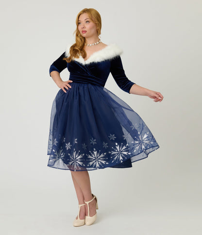 Disney's Frozen Collection by Unique Vintage Blue Velvet & Glitter Snow Marceline Swing Dress - Unique Vintage - Womens, DRESSES, SWING