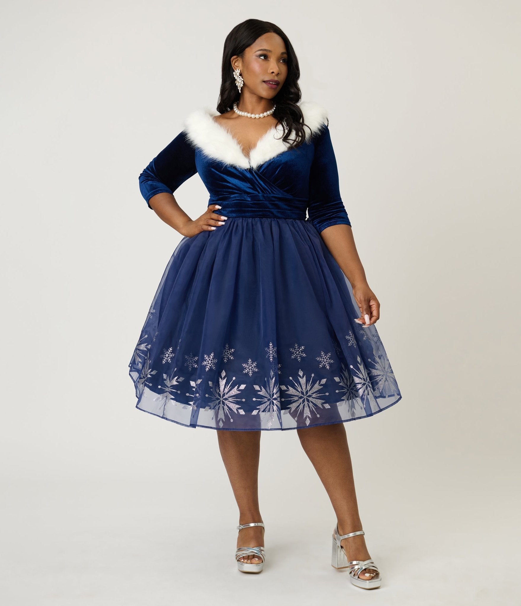 Disney's Frozen Collection by Unique Vintage Plus Size Blue Velvet & Glitter Snow Marceline Swing Dress - Unique Vintage - Womens, DRESSES, SWING