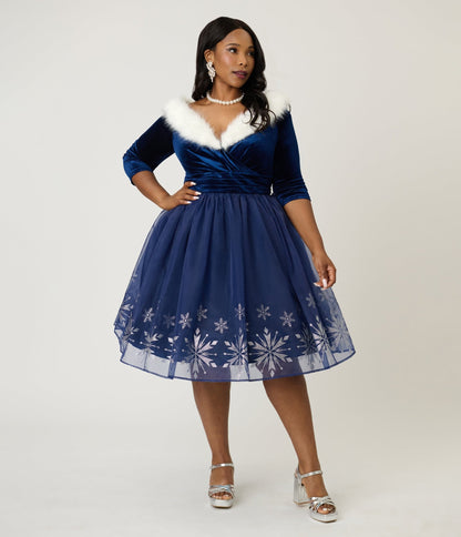 Disney's Frozen Collection by Unique Vintage Plus Size Blue Velvet & Glitter Snow Marceline Swing Dress - Unique Vintage - Womens, DRESSES, SWING