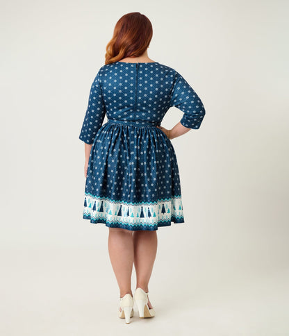 Disney's Frozen Collection by Unique Vintage Plus Size Fair Isle Border Print Stephanie Flare Dress - Unique Vintage - Womens, DRESSES, FIT AND FLARE