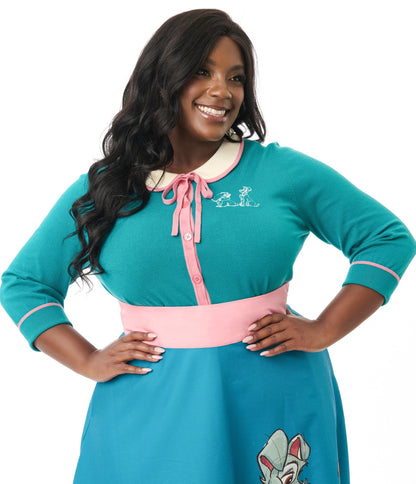 Disney's The Lady & The Tramp Collection by Unique Vintage Plus Size Teal Embroidered Cardigan - Unique Vintage - Womens, TOPS, SWEATERS