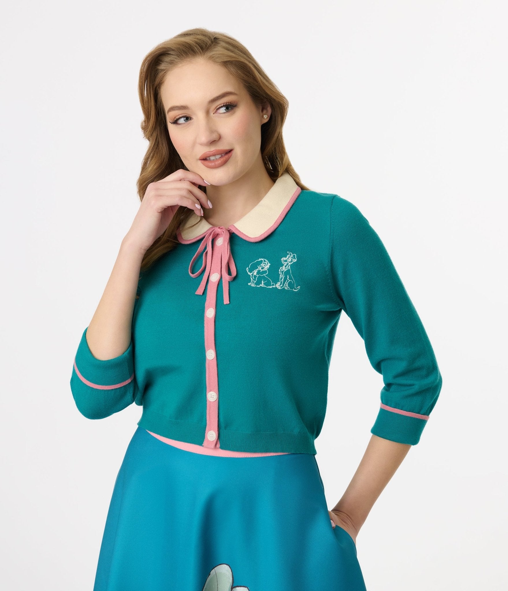 Disney's The Lady & The Tramp Collection by Unique Vintage Teal Embroidered Cardigan - Unique Vintage - Womens, TOPS, SWEATERS