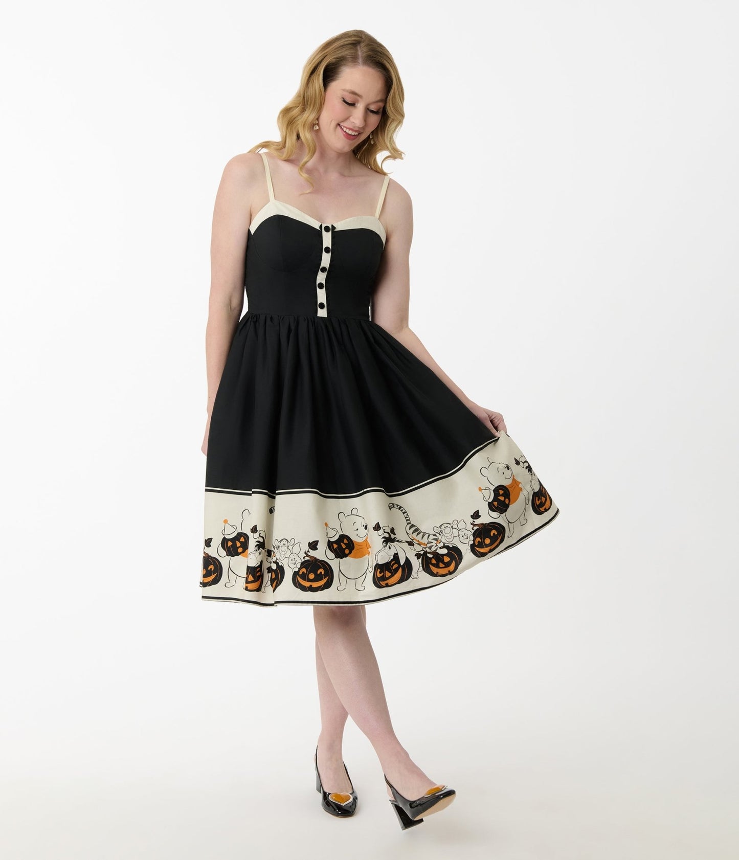 Disney's Winnie The Pooh Collection by Unique Vintage Pooh & Tigger Halloween Pumpkin Print Cotton Swing Dress - Unique Vintage - Womens, DRESSES, SWING