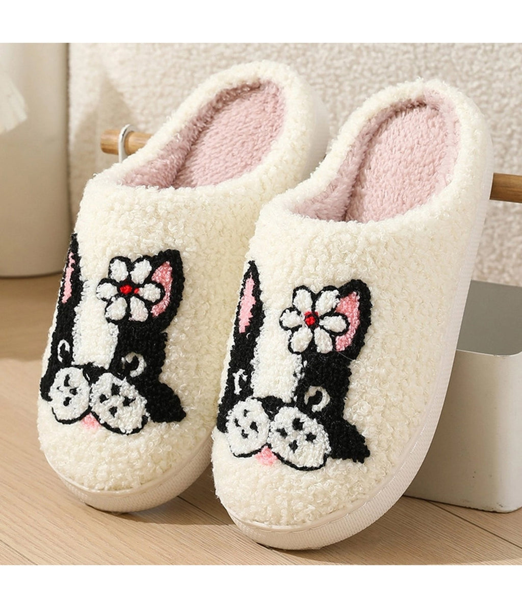 Dog & Flower Embroidered Cotton Slippers - Unique Vintage - Womens, SHOES, FLATS