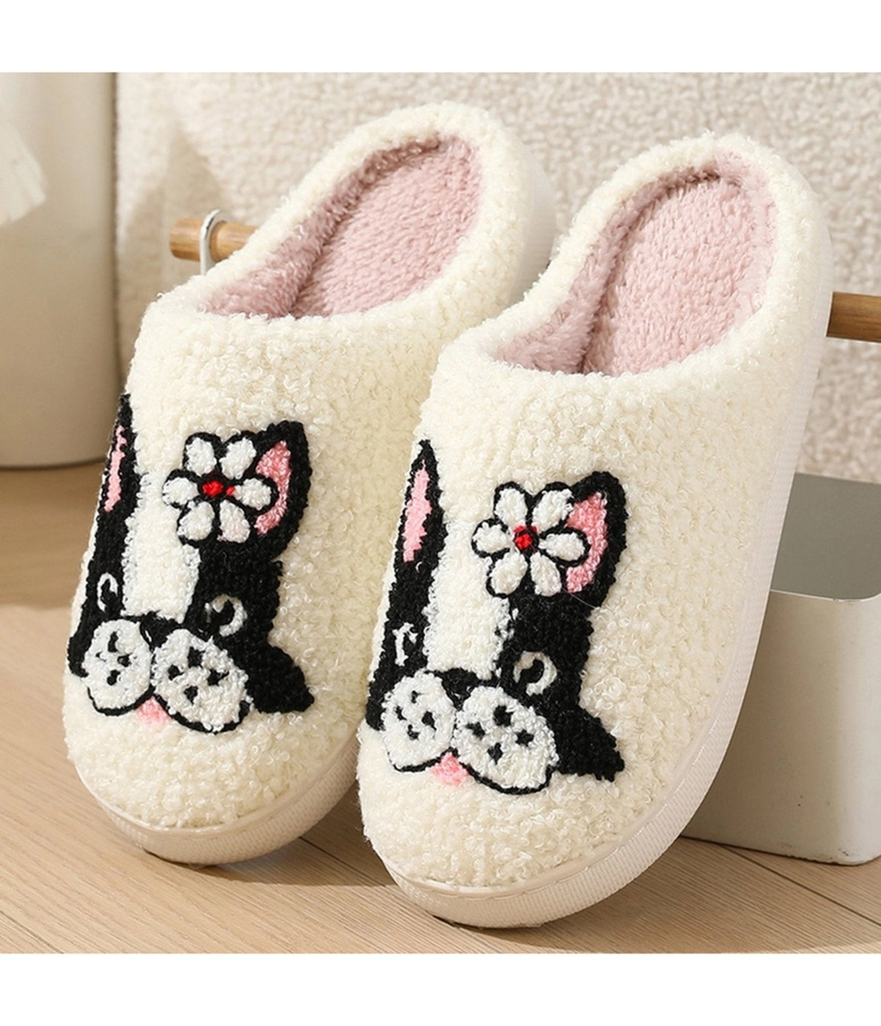Dog & Flower Embroidered Cotton Slippers - Unique Vintage - Womens, SHOES, FLATS