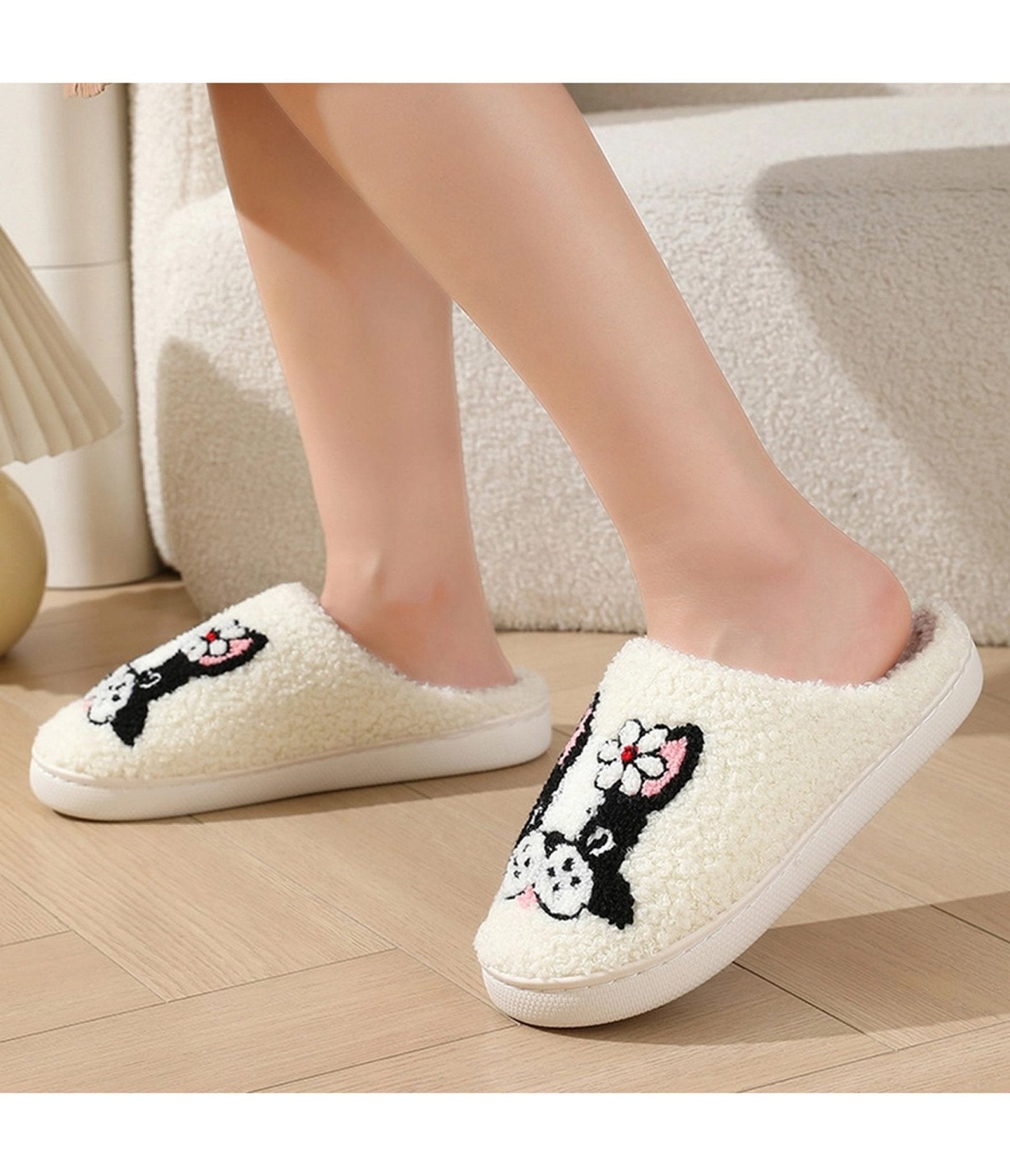 Dog & Flower Embroidered Cotton Slippers - Unique Vintage - Womens, SHOES, FLATS