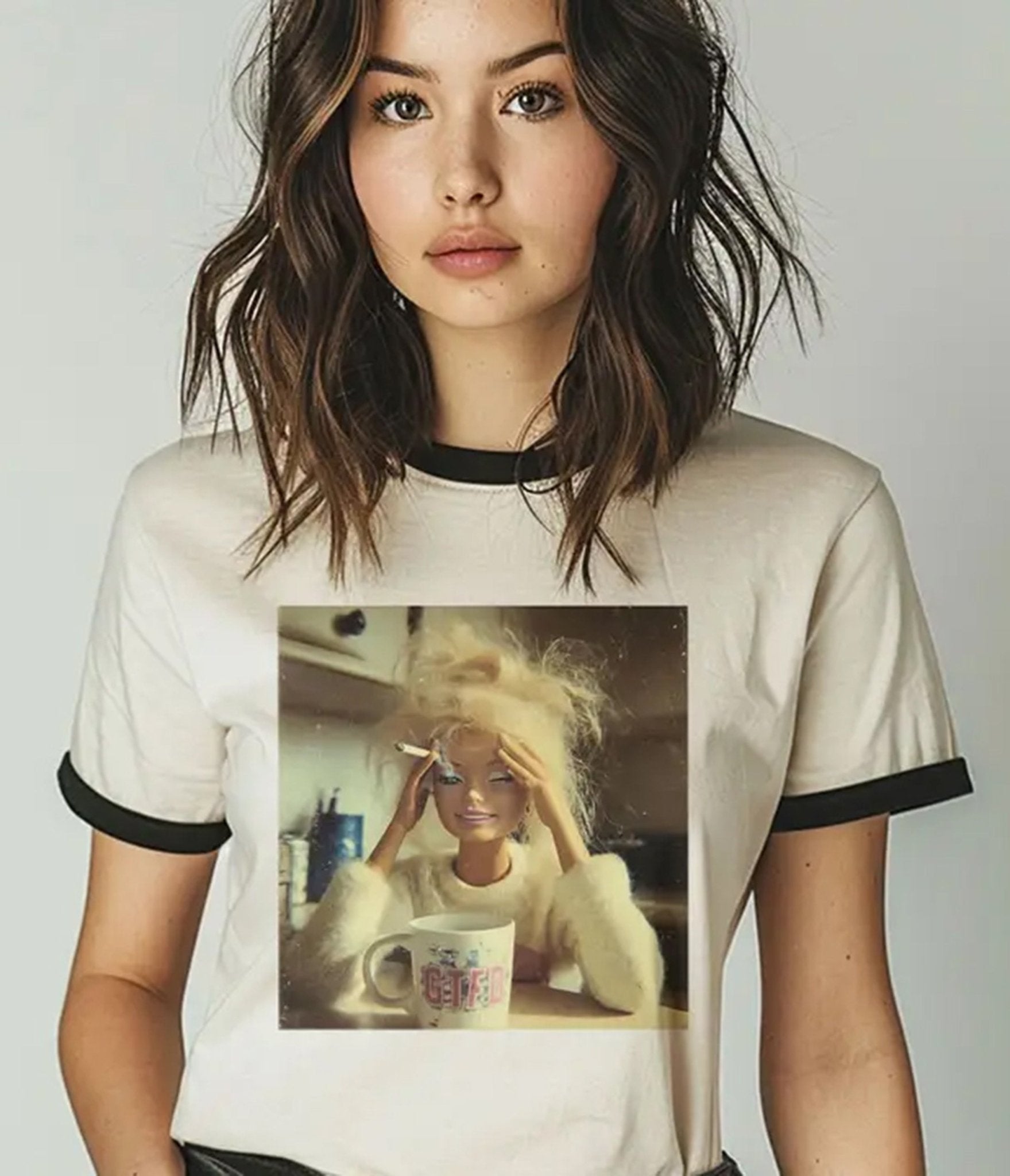 Doll Face Hot Mess Unisex Ringer Graphic Tee - Unique Vintage - Womens, TOPS, TEES