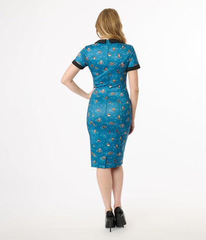 Dolly & Dotty 1950s Blue Otter Print Toni Wiggle Dress - Unique Vintage - Womens, DRESSES, WIGGLE