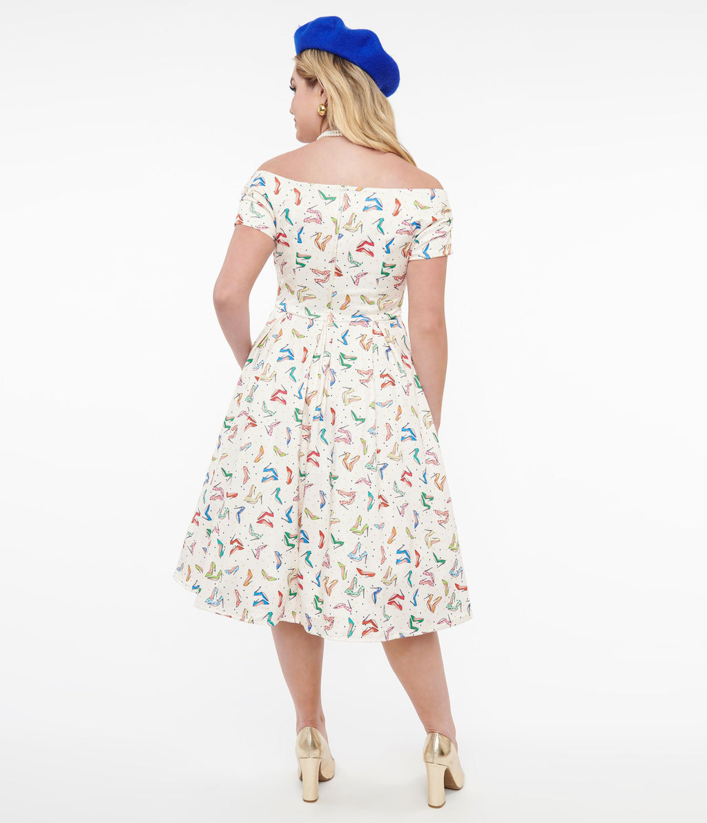 1950s mini dress Dolly & Dotty 1950s Cream & Multicolor Heels Swing Dress – Unique Vintage