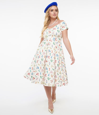 Dolly & Dotty 1950s Cream & Multicolor Heels Swing Dress - Unique Vintage - Womens, DRESSES, SWING