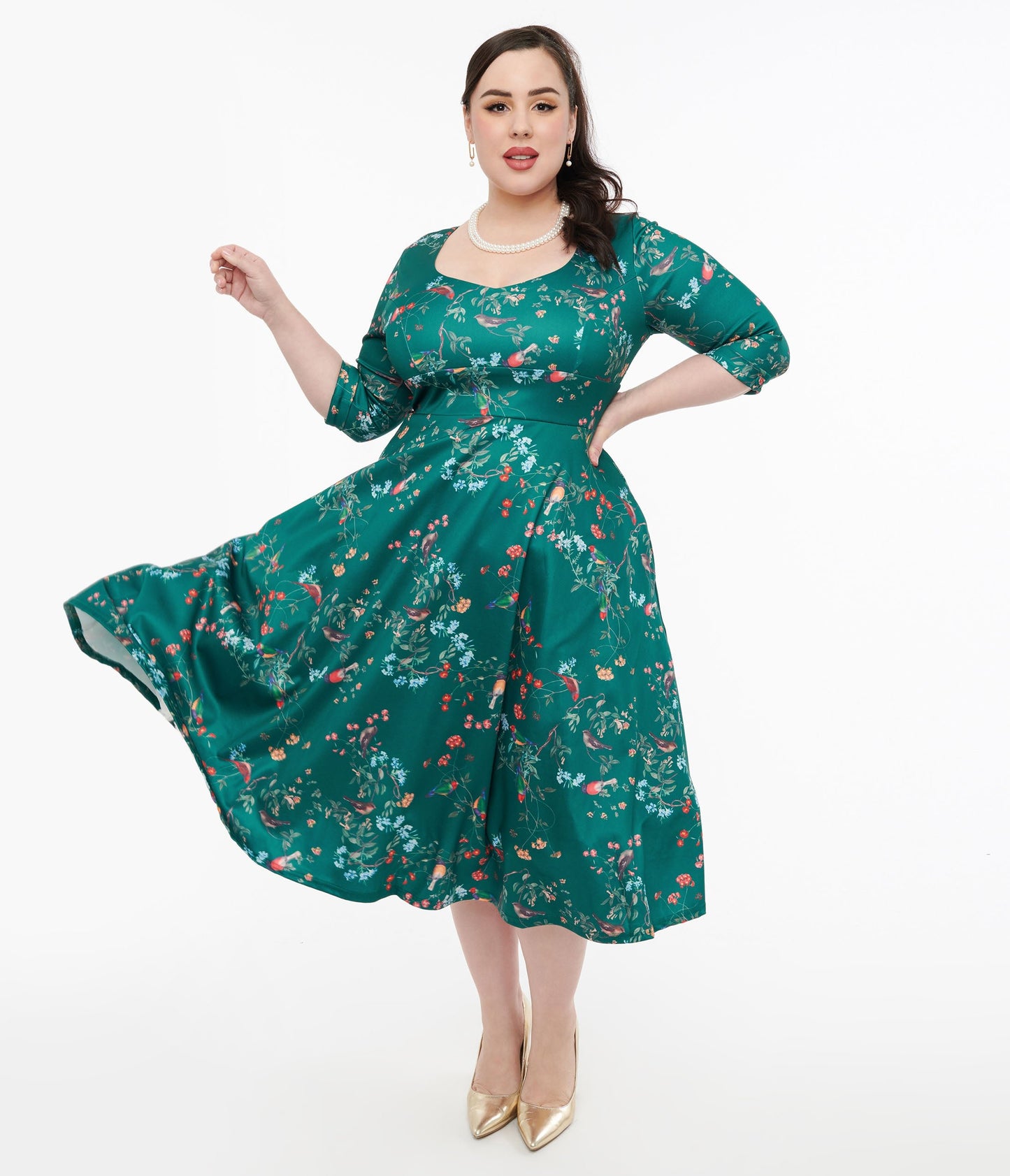Dolly & Dotty 1950s Green Bird Print Swing Dress - Unique Vintage - Womens, DRESSES, SWING