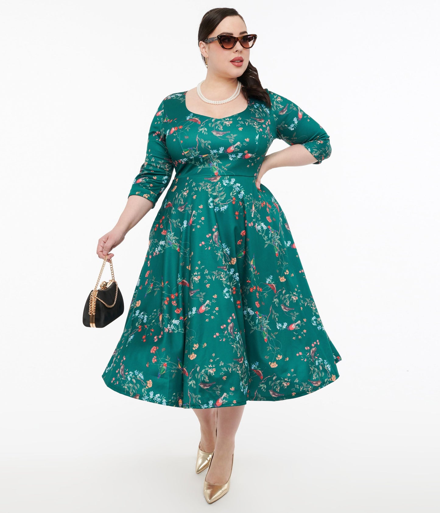 Dolly & Dotty 1950s Green Bird Print Swing Dress - Unique Vintage - Womens, DRESSES, SWING
