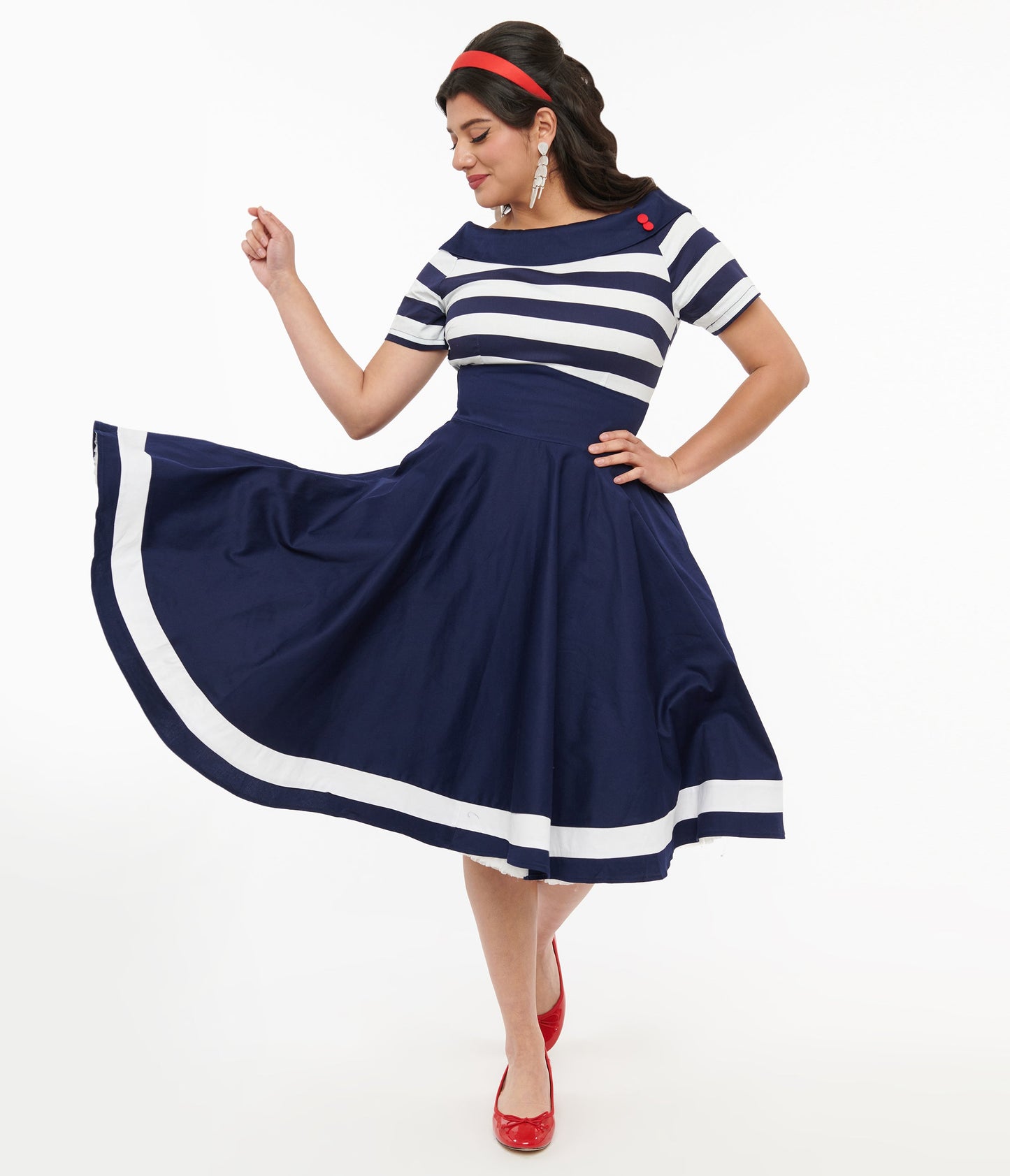 Dolly & Dotty 1950s Navy & White Striped Sailor Swing Dress - Unique Vintage - Womens, DRESSES, SWING