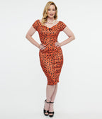 Dolly & Dotty 1950s Orange Cheetah Print Beryl Wiggle Dress - Unique Vintage - Womens, DRESSES, WIGGLE
