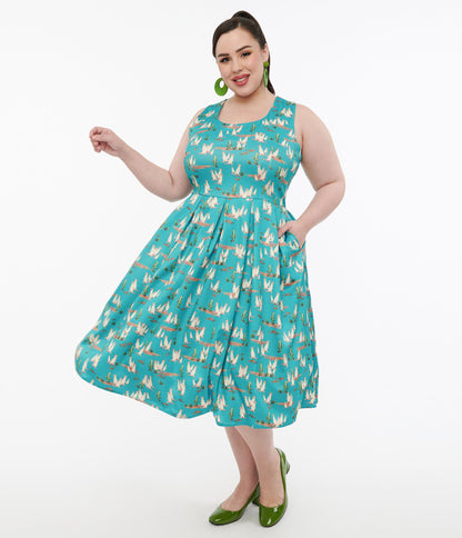 Dolly & Dotty 1950s Turquoise Meerkat Print Amanda Swing Dress - Unique Vintage - Womens, DRESSES, SWING