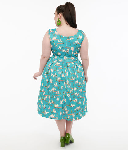 Dolly & Dotty 1950s Turquoise Meerkat Print Amanda Swing Dress - Unique Vintage - Womens, DRESSES, SWING