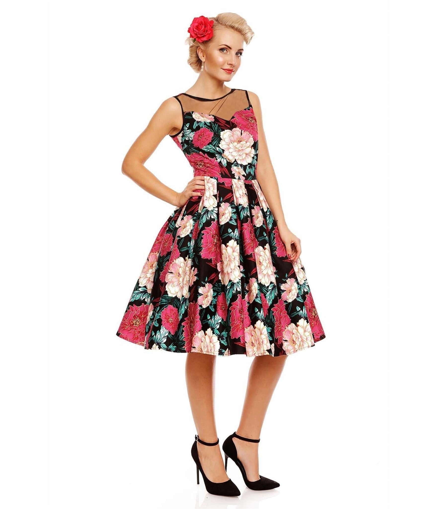 Dolly & Dotty Black & Pink Floral Elizabeth Swing Dress - Unique Vintage - 