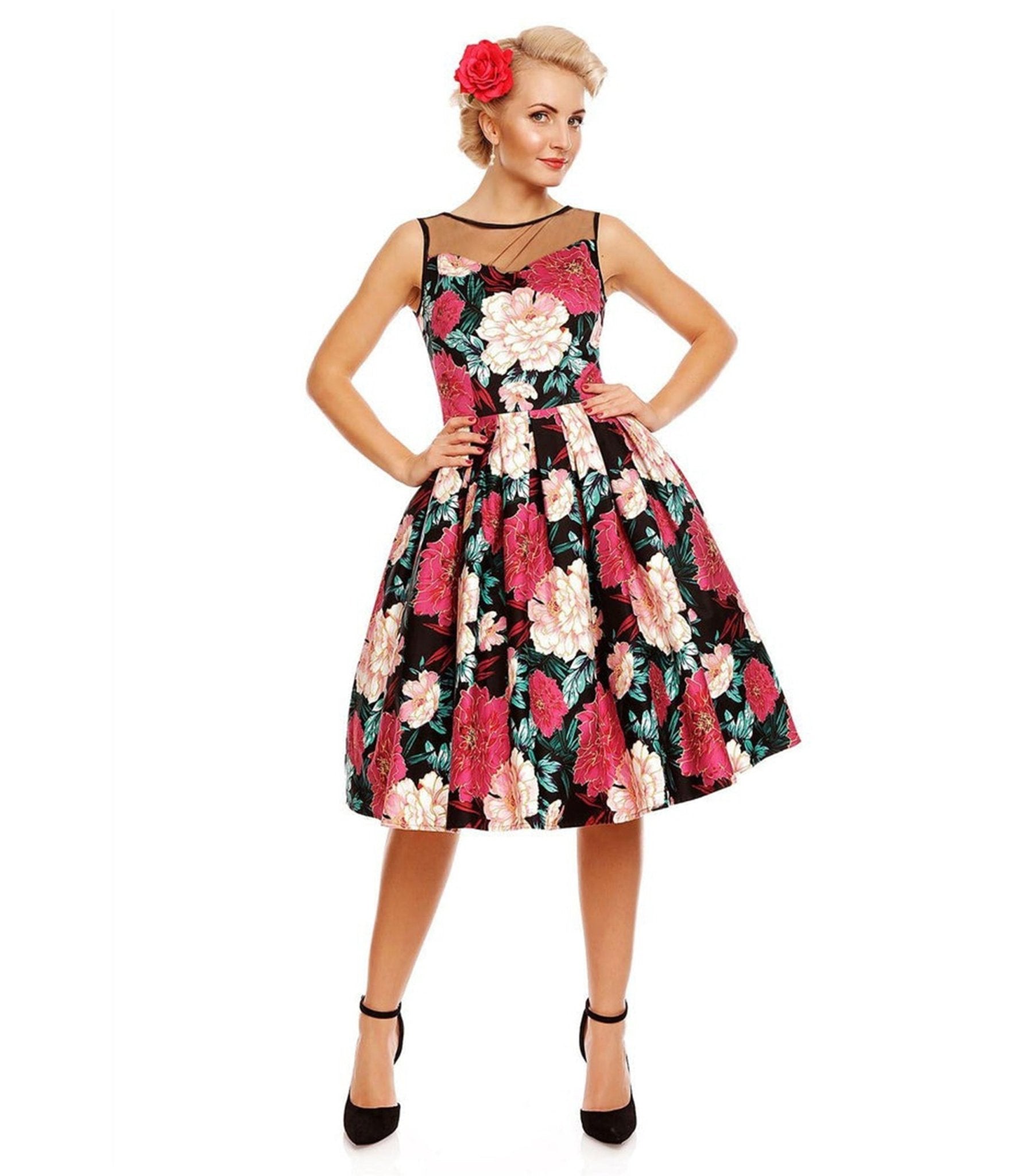 Dolly & Dotty Black & Pink Floral Elizabeth Swing Dress - Unique Vintage - 