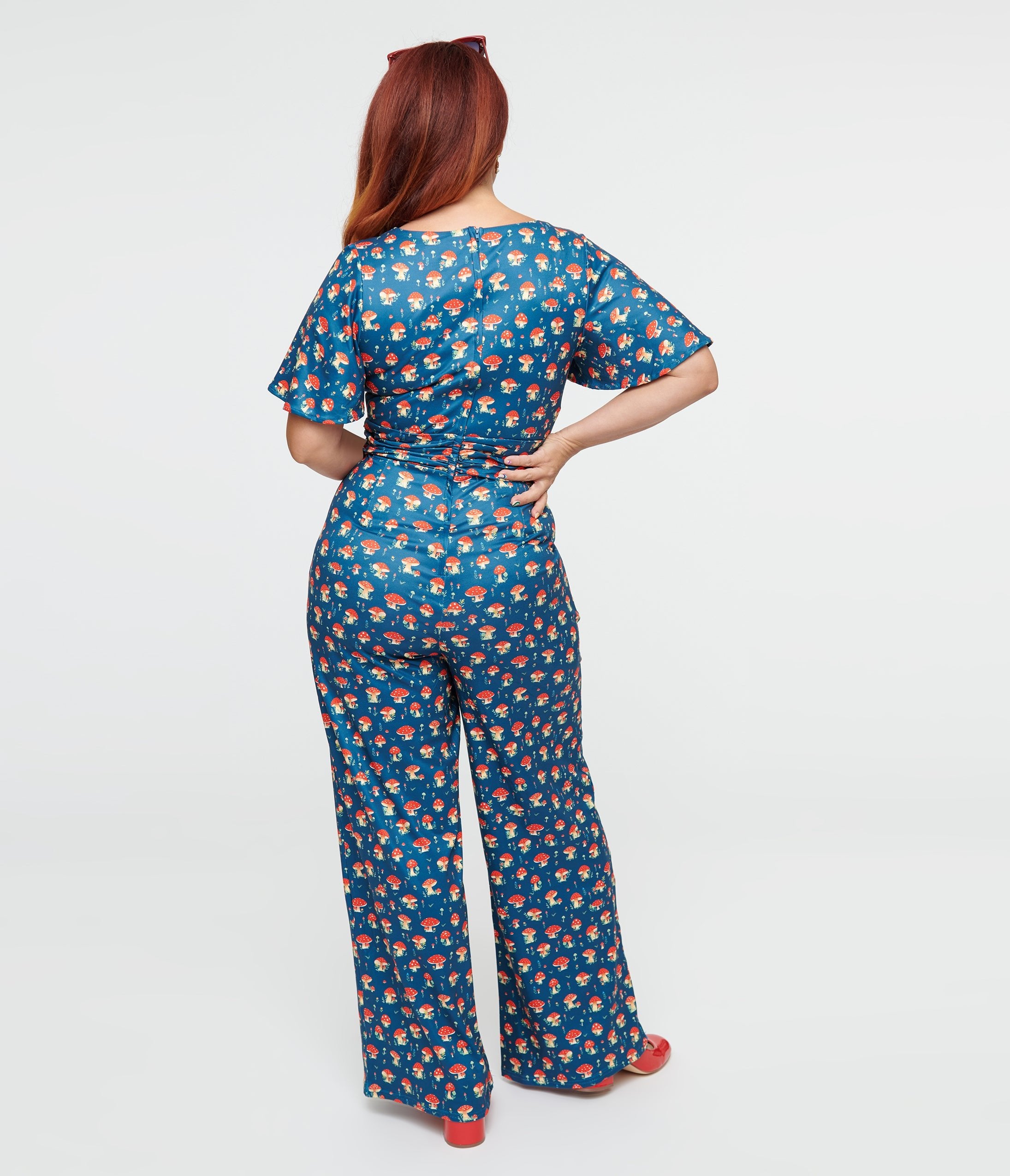 Dolly Dotty Blue Mushroom Print Charlotte Jumpsuit Unique Vintage