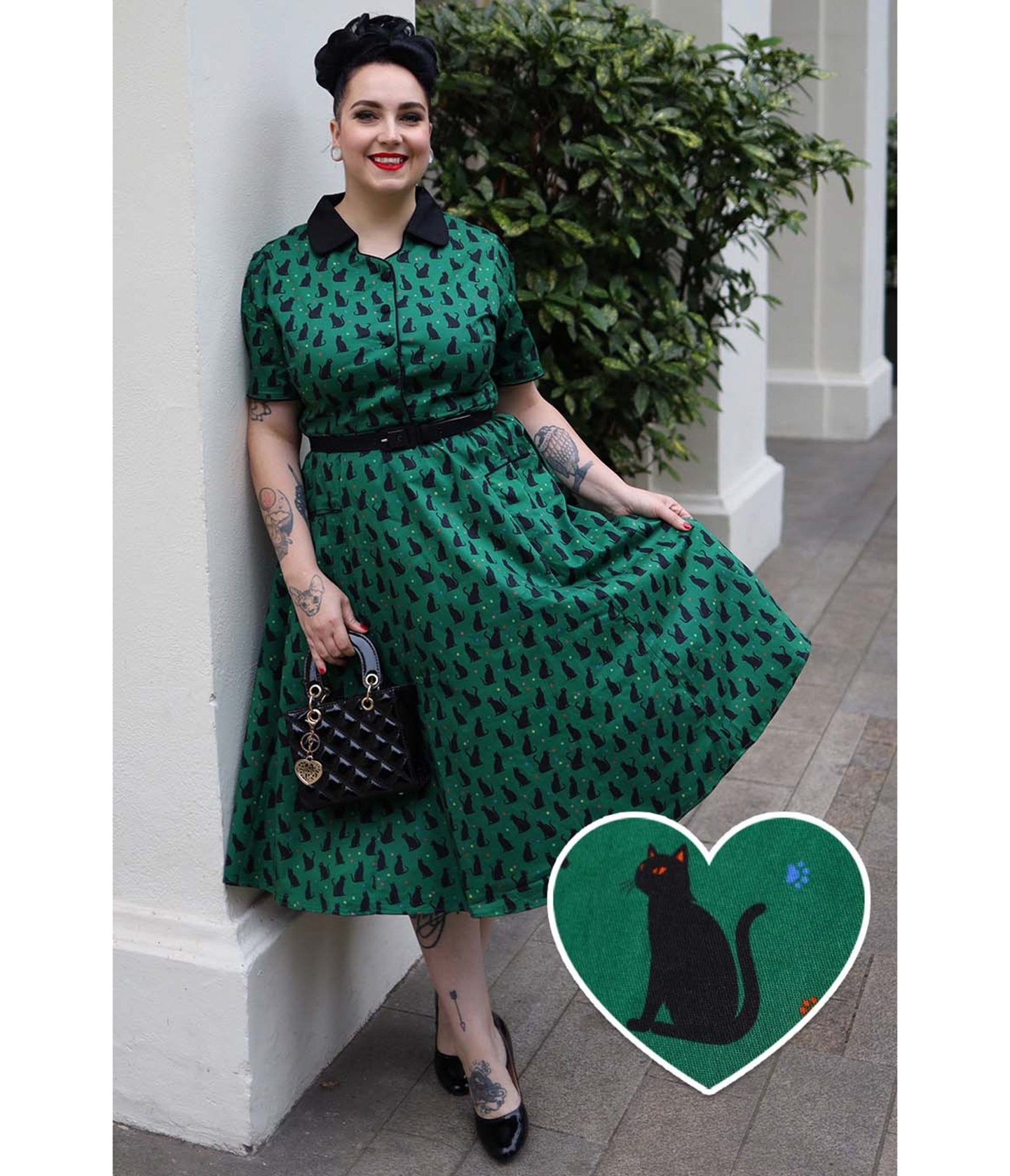 Dolly & Dotty Green Mabel Cat Print Midi Shirt Dress - Unique Vintage - Womens, DRESSES, SWING