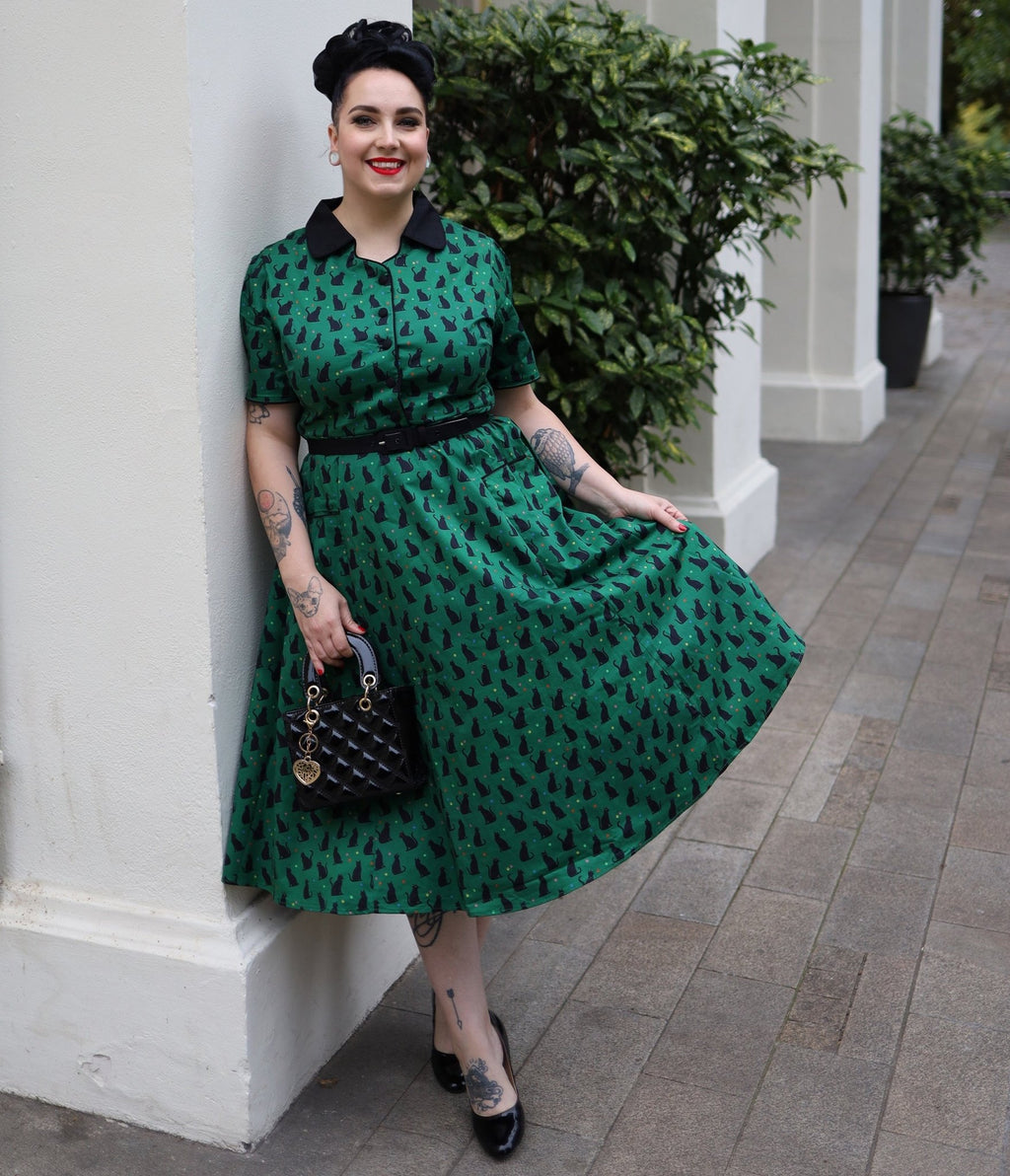 Dolly & Dotty Green Mabel Cat Print Midi Shirt Dress - Unique Vintage - Womens, DRESSES, SWING