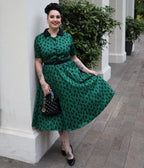 Dolly & Dotty Green Mabel Cat Print Midi Shirt Dress - Unique Vintage - Womens, DRESSES, SWING