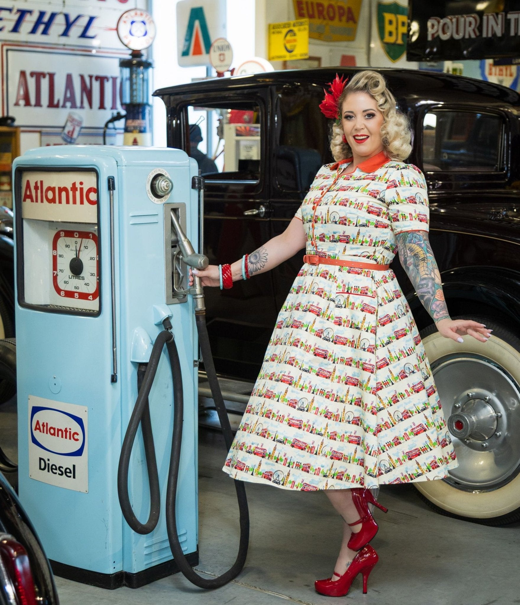 Dolly & Dotty White Mabel London Landmark Print Shirt Dress - Unique Vintage - Womens, DRESSES, SWING