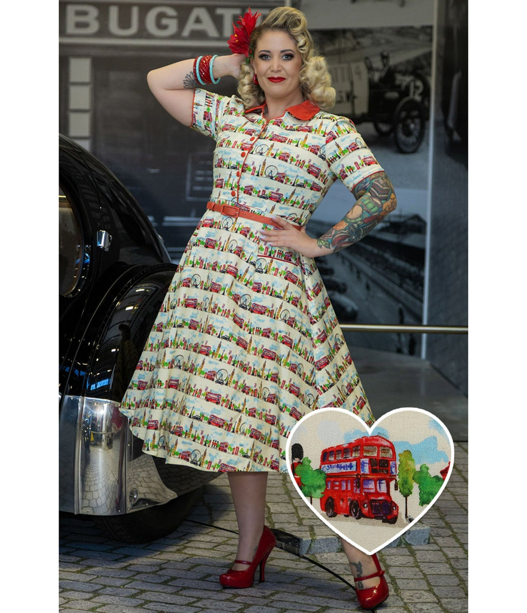 Dolly & Dotty White Mabel London Landmark Print Shirt Dress - Unique Vintage - Womens, DRESSES, SWING