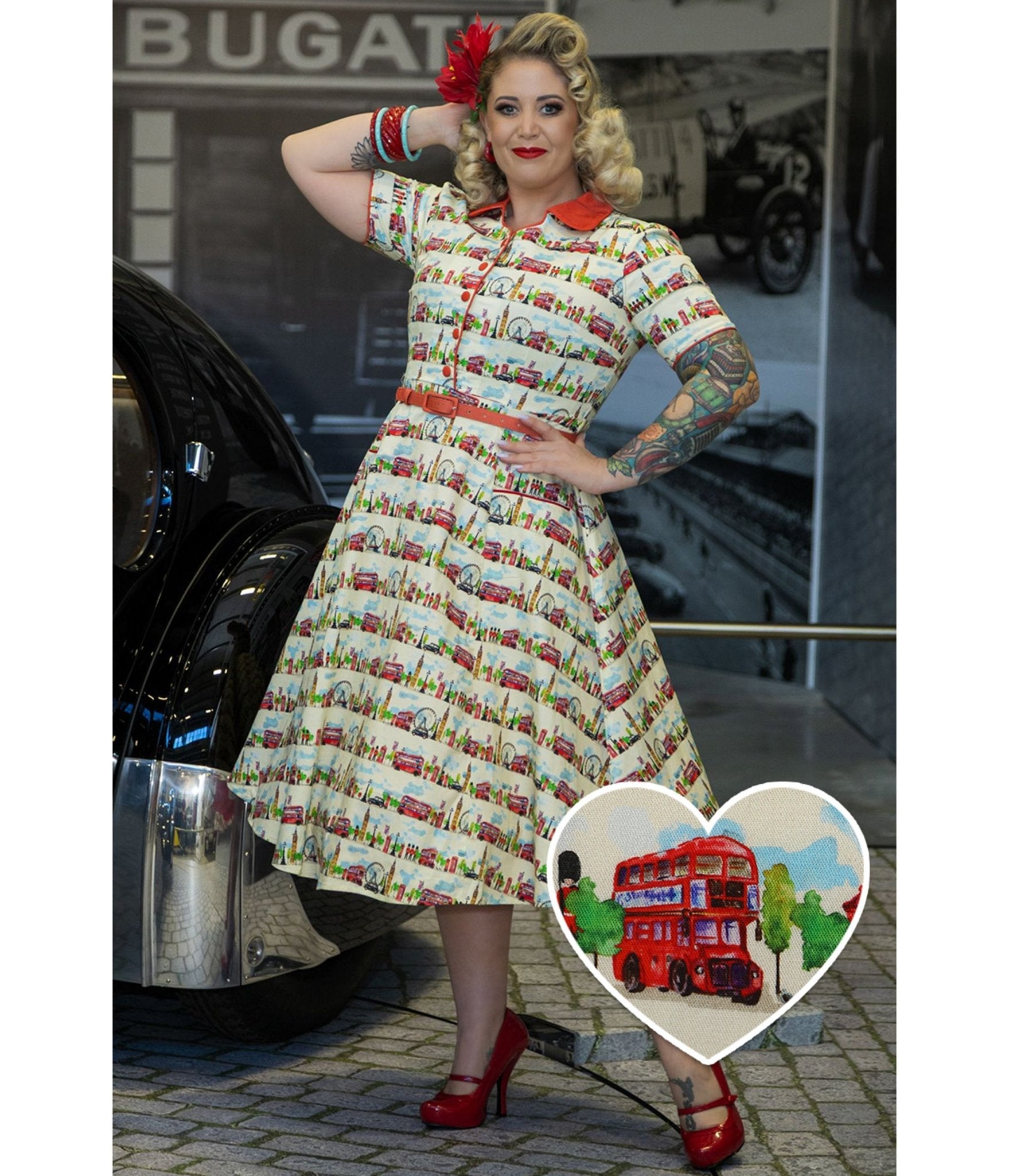 Dolly & Dotty White Mabel London Landmark Print Shirt Dress - Unique Vintage - Womens, DRESSES, SWING