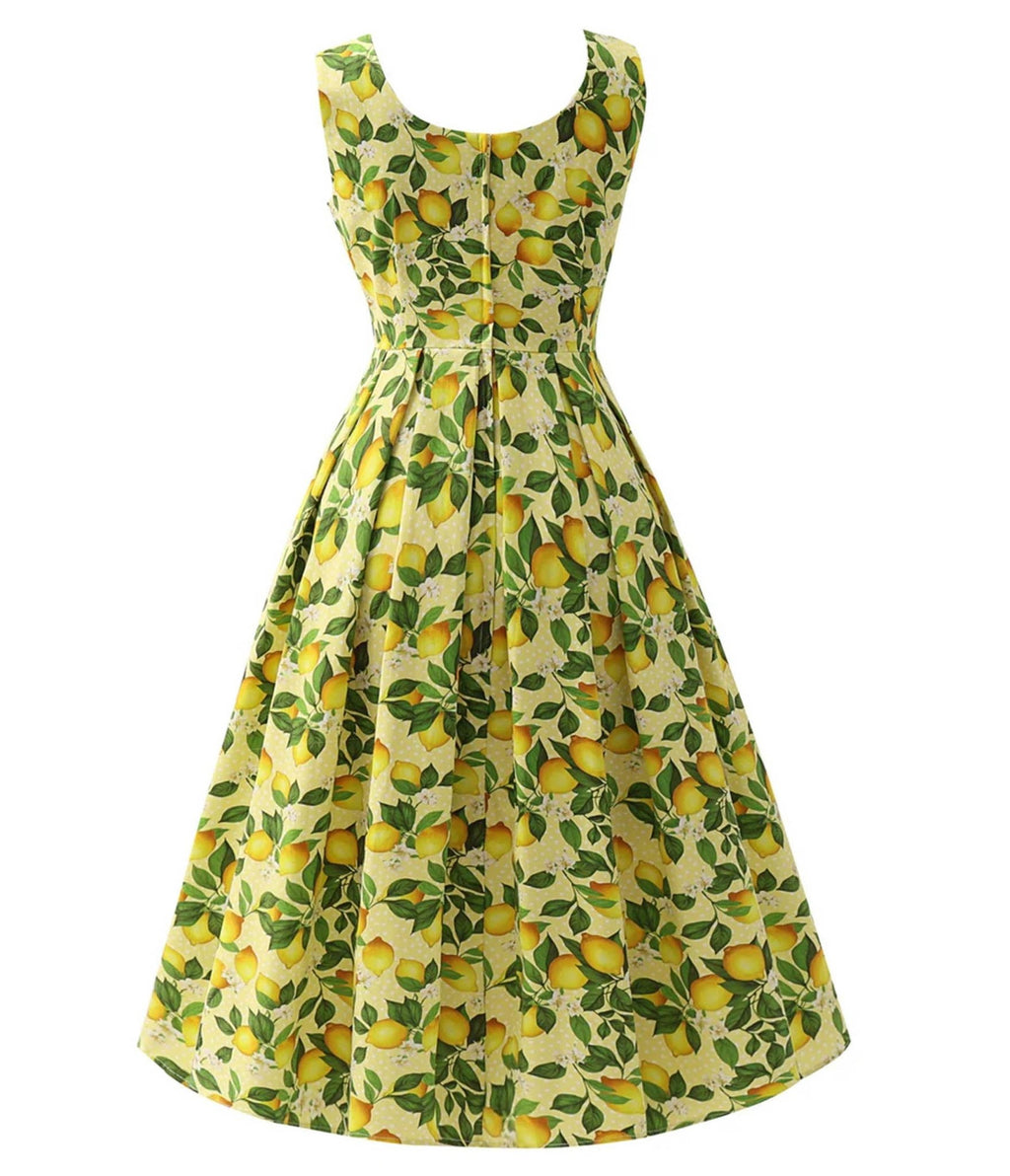 Dolly & Dotty Yellow Polka Dot Lemon Print Flare Dress - Unique Vintage - Womens, DRESSES, SWING