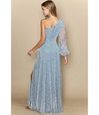 Dusty Blue Shimmer Velvet One Shoulder Maxi Dress - Unique Vintage - Maxi Dresses