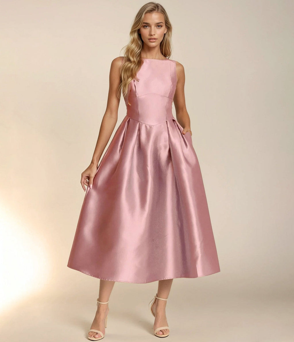 Dusty Pink Shimmer Sleeveless Midi Dress - Unique Vintage - Womens, DRESSES, PROM AND SPECIAL OCCASION