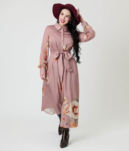 Dusty Rose Floral Maxi Dress - Unique Vintage - Womens, DRESSES, MIDI