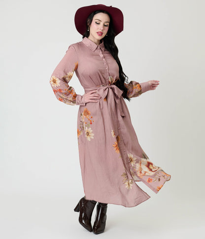 Dusty Rose Floral Maxi Dress - Unique Vintage - Womens, DRESSES, MIDI