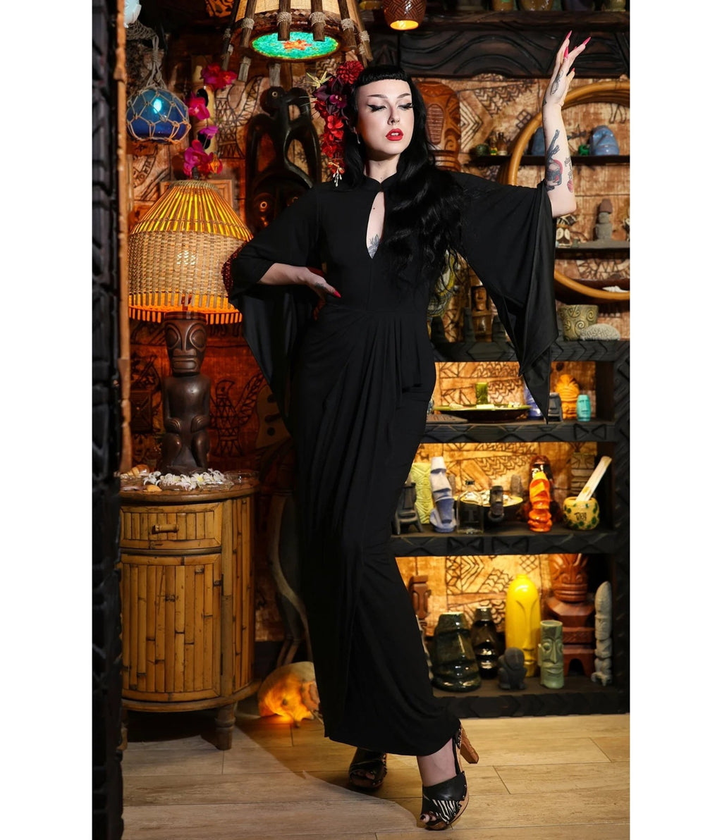 Elle Rebel Black Cape Sleeve Maxi Dress - Unique Vintage - Womens, DRESSES, MIDI