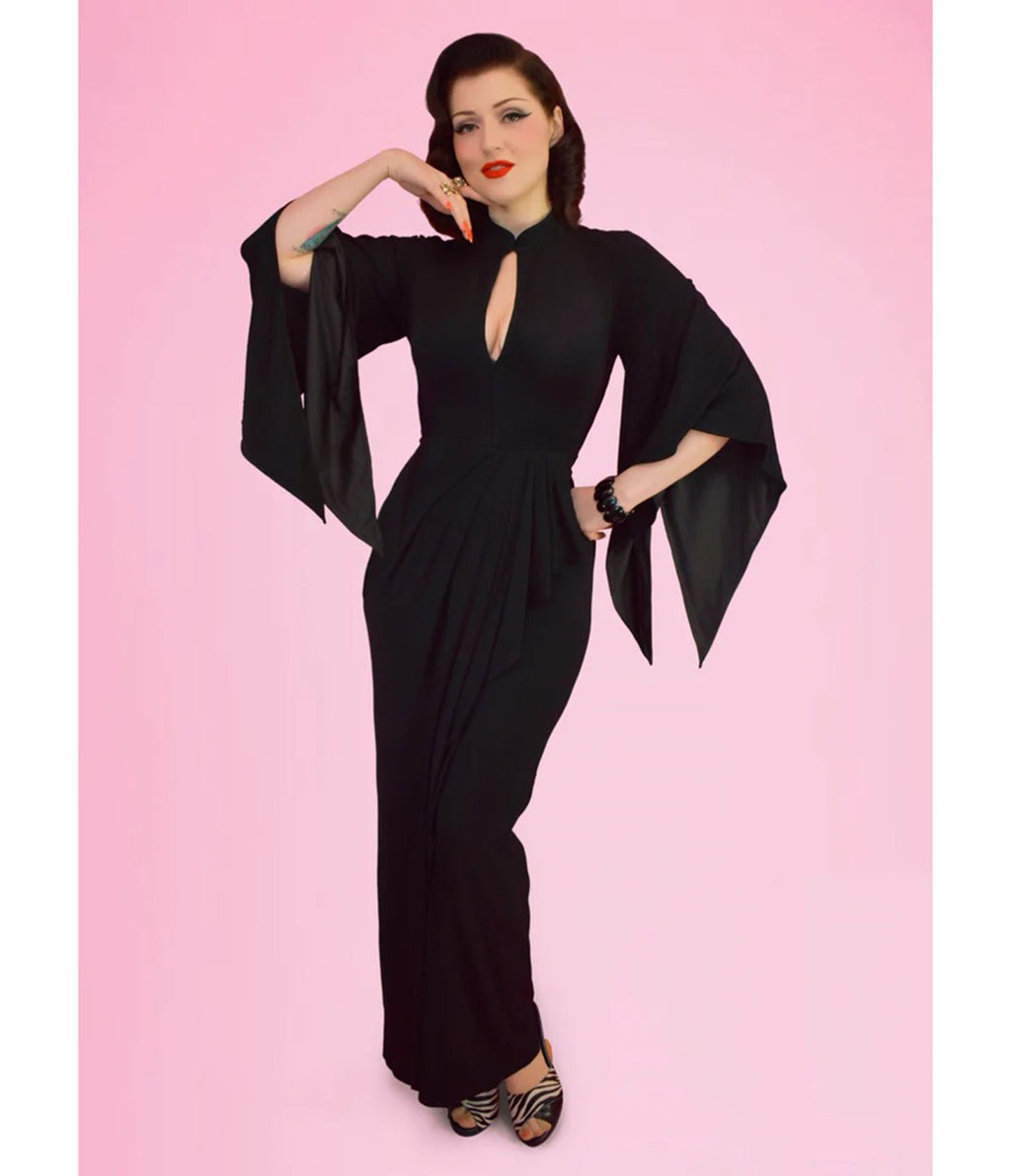 Elle Rebel Black Cape Sleeve Maxi Dress - Unique Vintage - Womens, DRESSES, MIDI