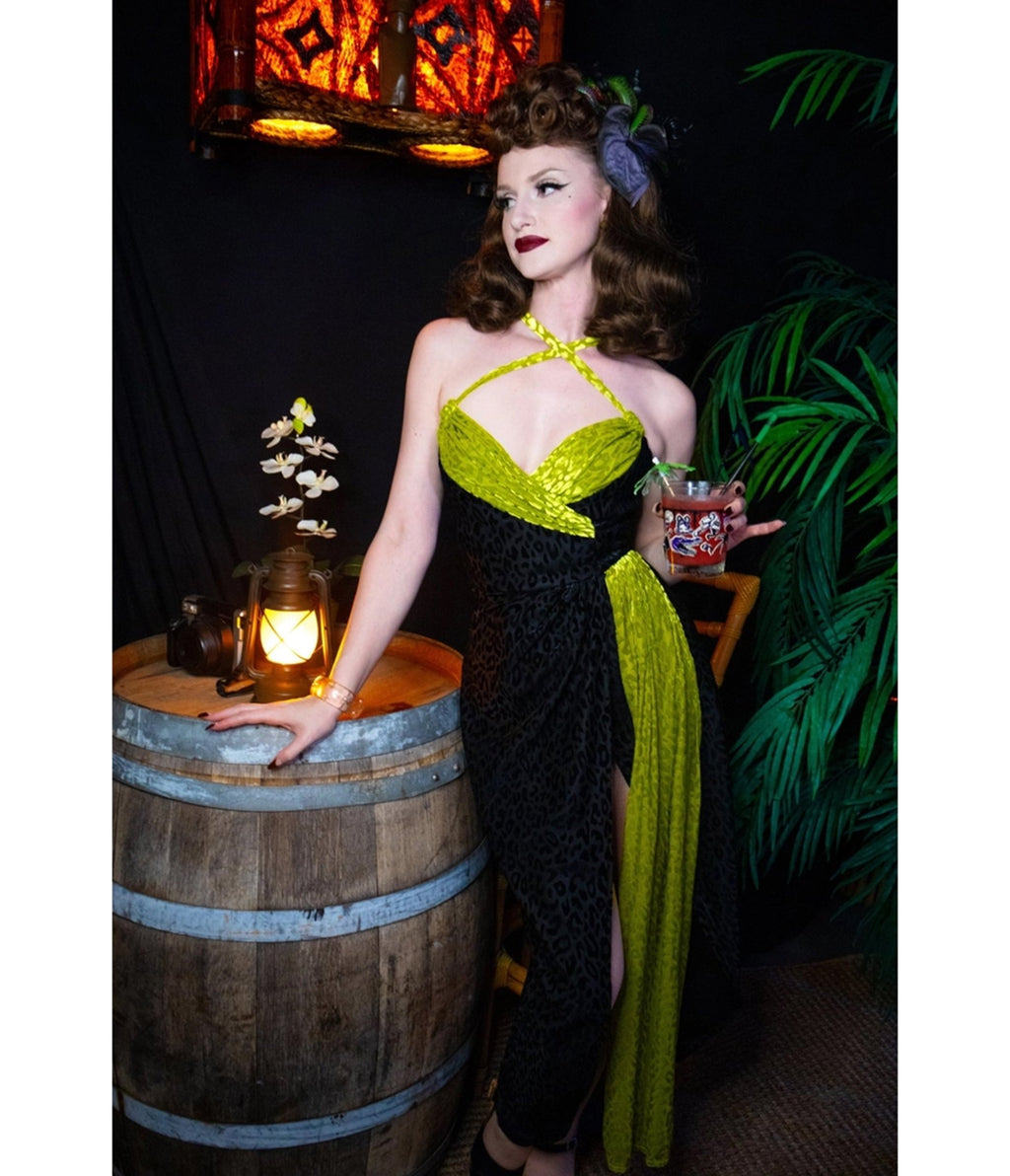 Elle Rebel Black & Green Leopard Velvet Exotiki Dress - Unique Vintage - Womens, DRESSES, MAXI