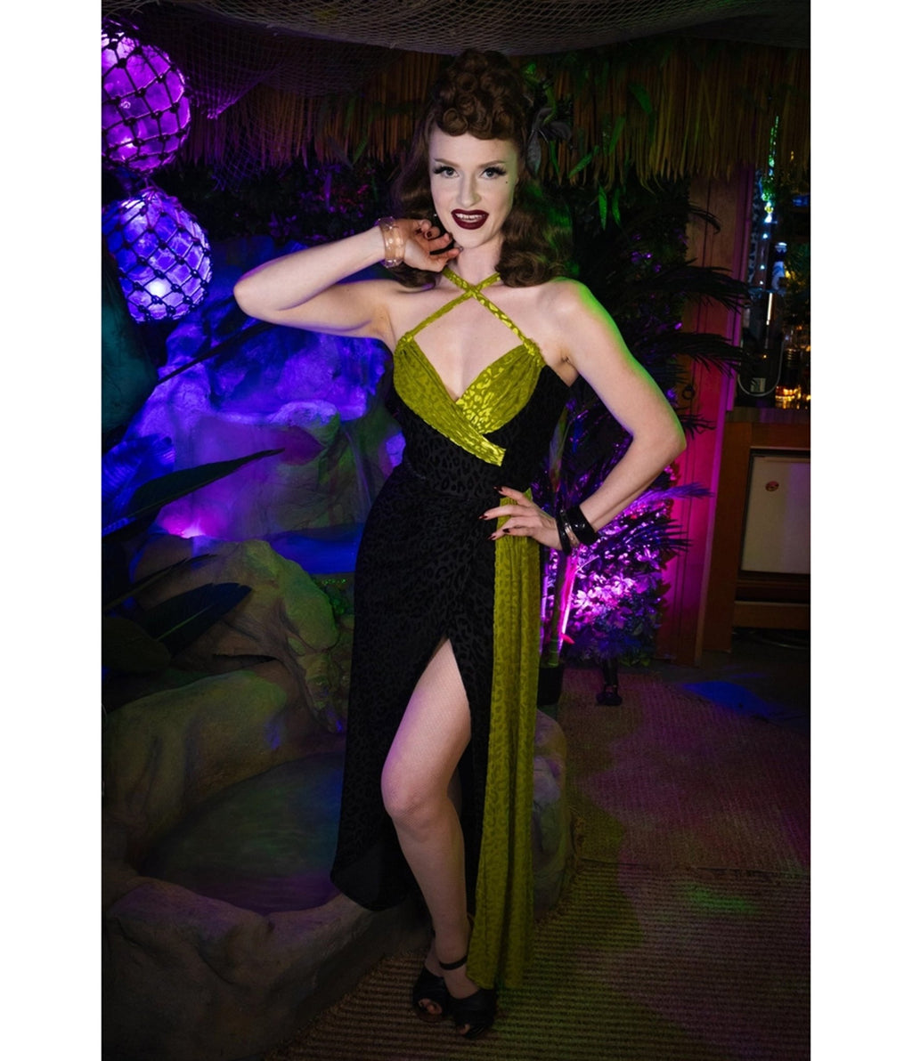 Elle Rebel Black & Green Leopard Velvet Exotiki Dress - Unique Vintage - Womens, DRESSES, MAXI