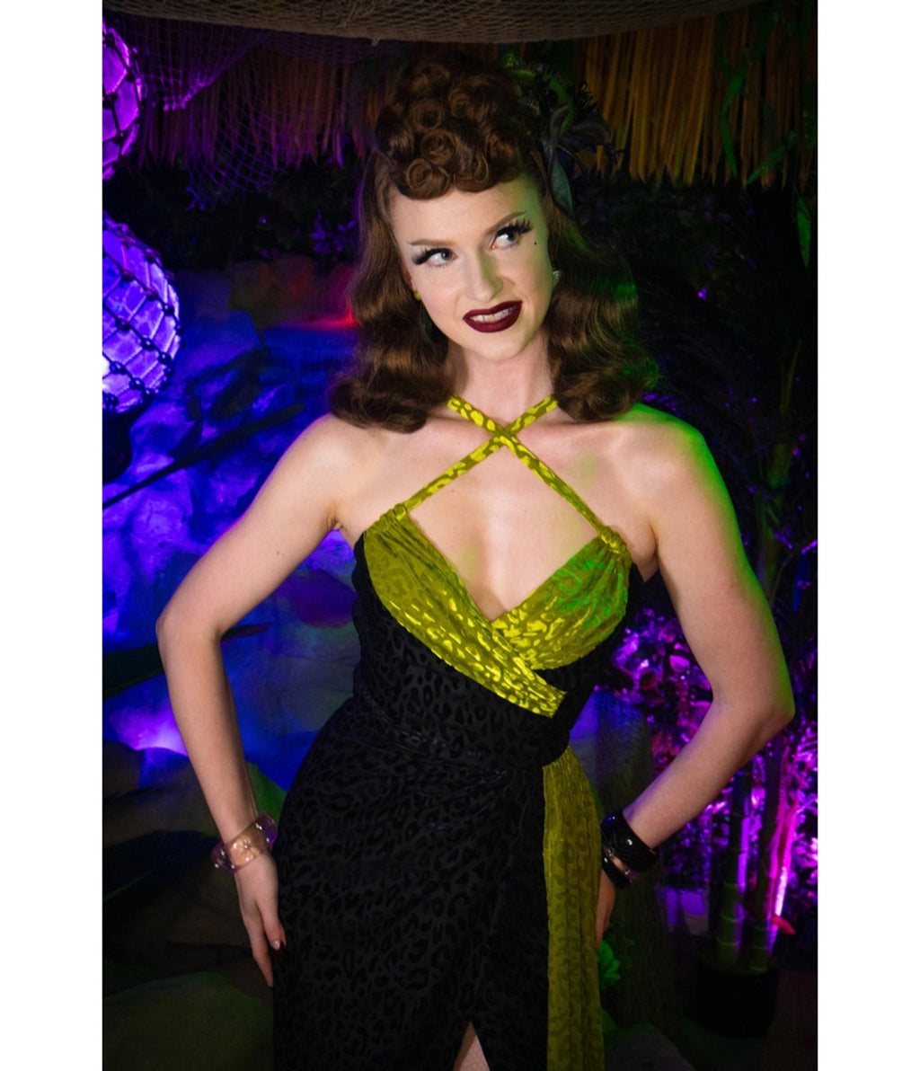 Elle Rebel Black & Green Leopard Velvet Exotiki Dress - Unique Vintage - Womens, DRESSES, MAXI