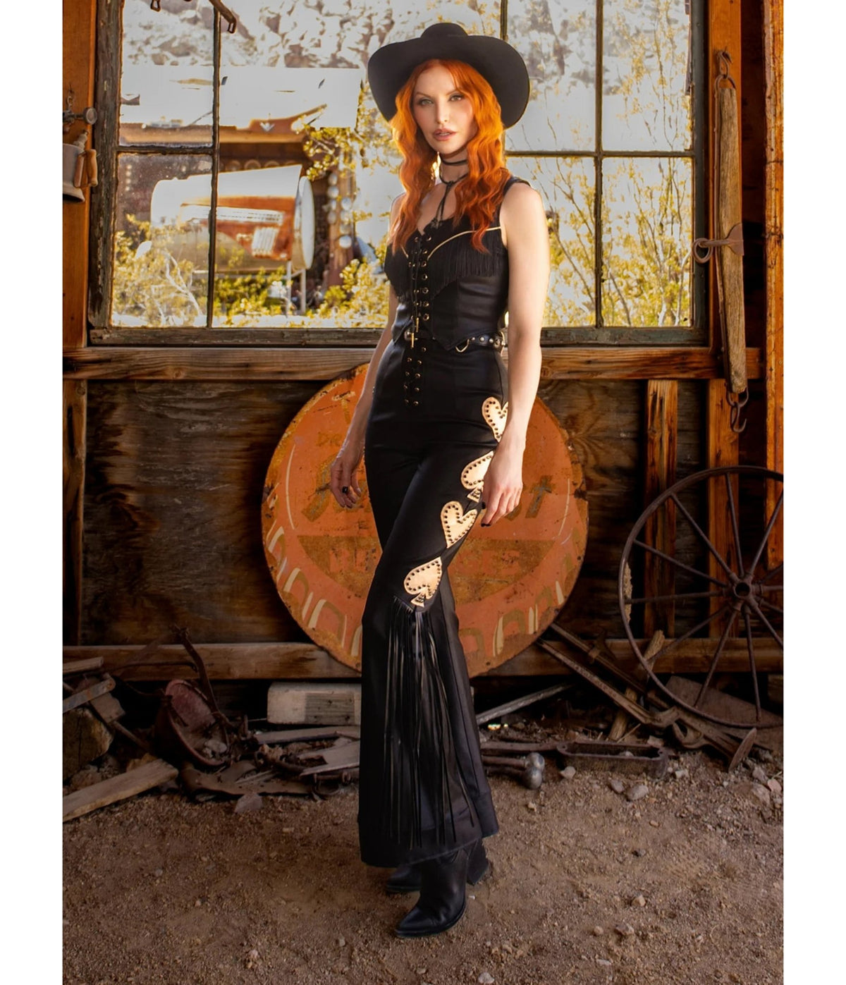 Elle Rebel Black High Noon Faux Leather Fringe Pants - Unique Vintage - Flare Pants