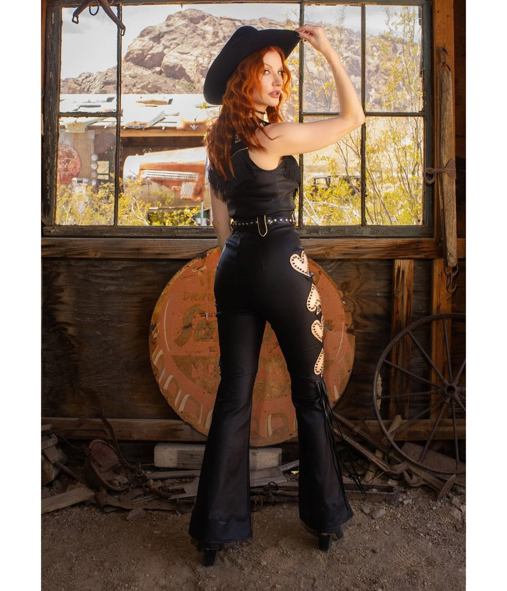 Elle Rebel Black High Noon Faux Leather Fringe Pants - Unique Vintage - Flare Pants
