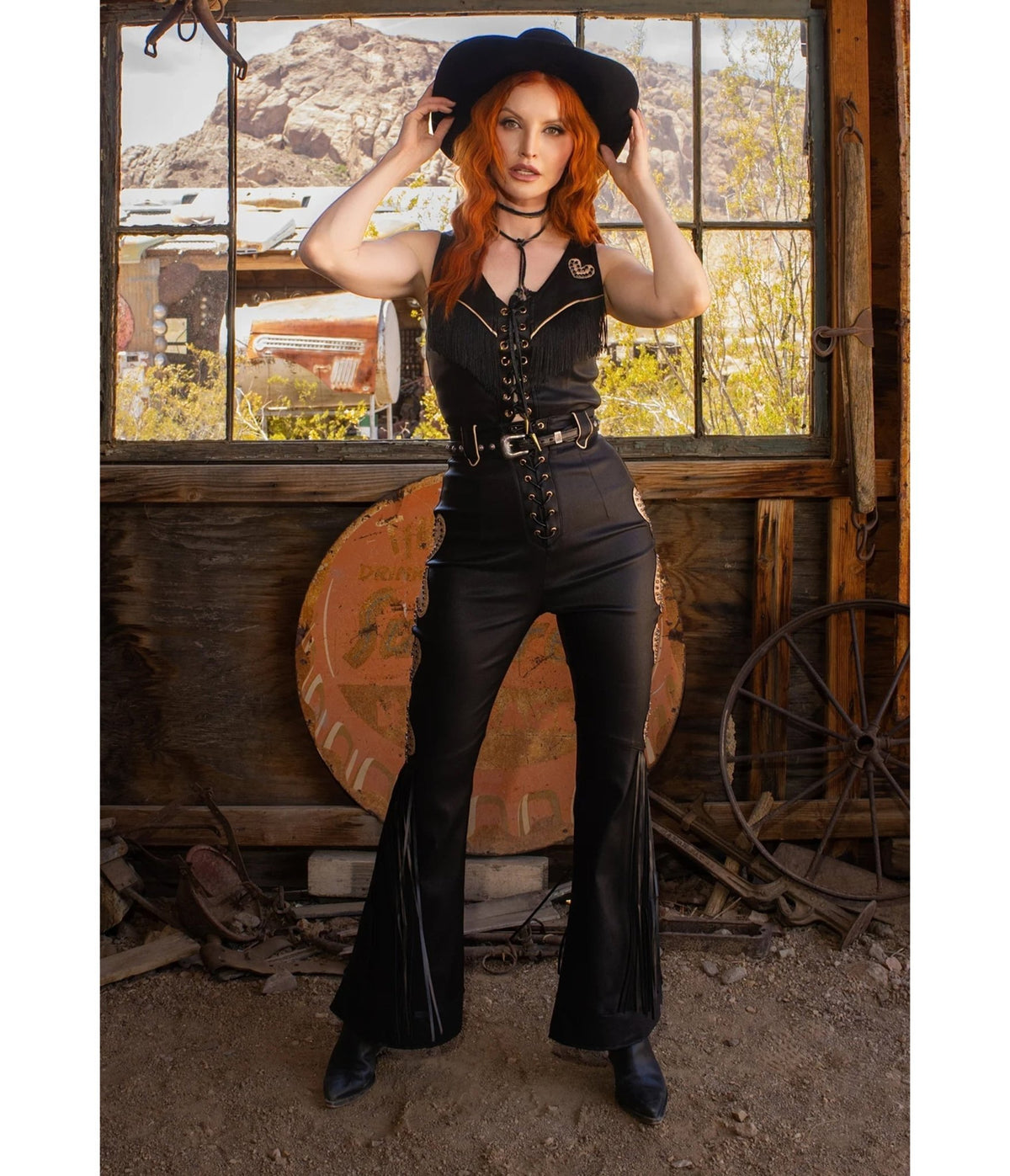 Elle Rebel Black High Noon Faux Leather Fringe Pants - Unique Vintage - Flare Pants