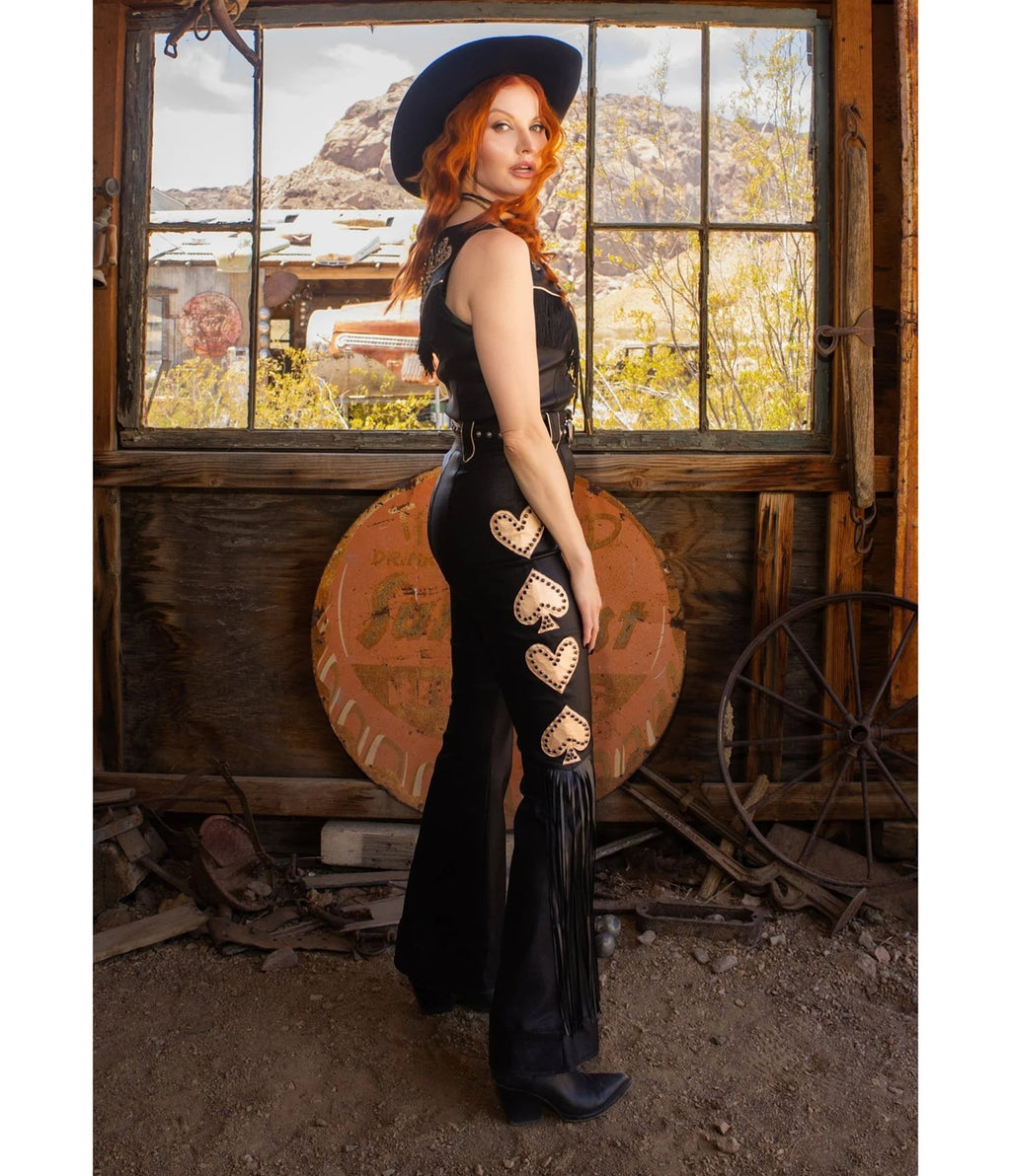 Elle Rebel Black High Noon Faux Leather Fringe Pants - Unique Vintage - Flare Pants