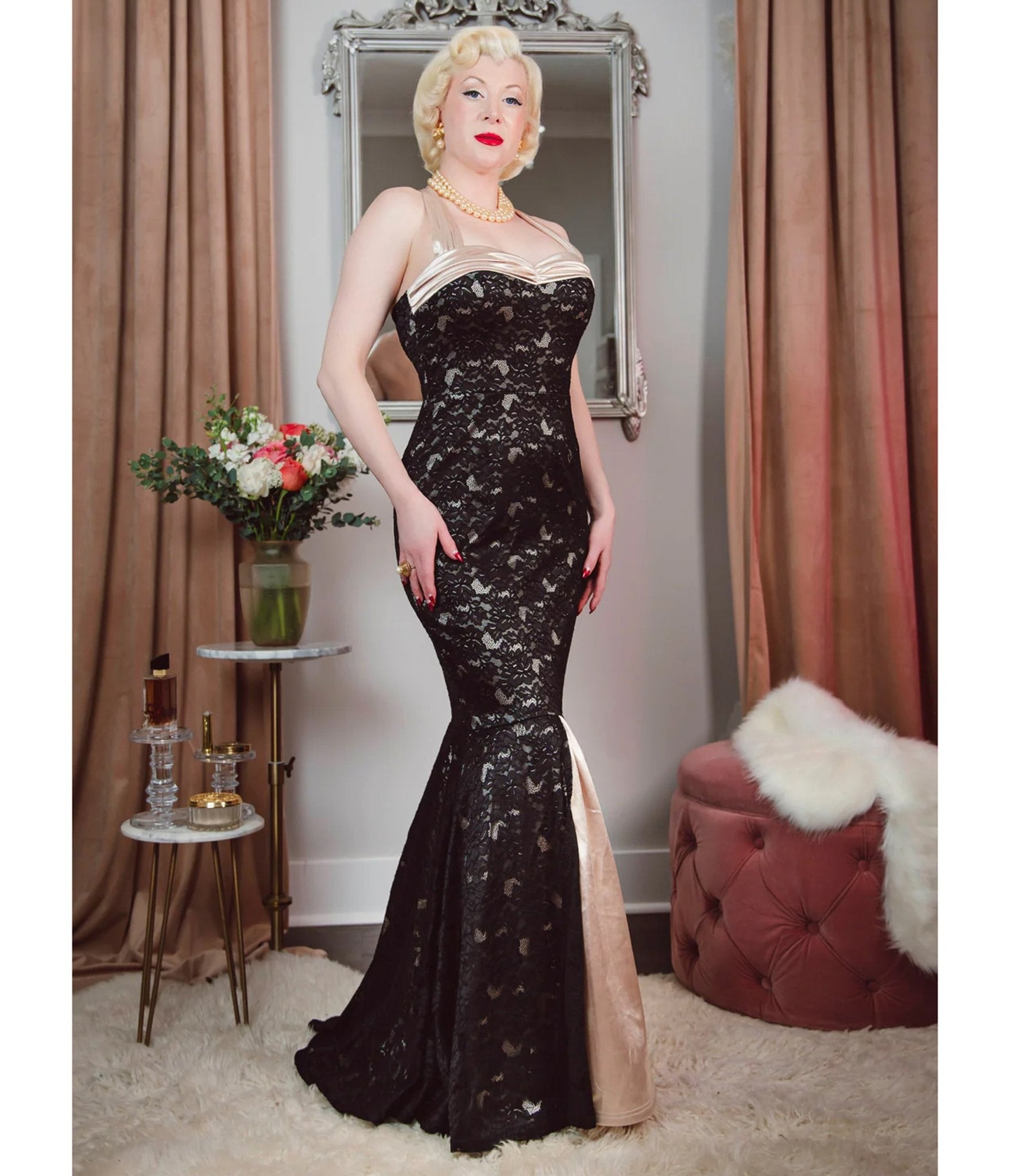 Elle Rebel Black Lace & Satin Mermaid Evening Gown - Unique Vintage - Womens, DRESSES, PROM AND SPECIAL OCCASION
