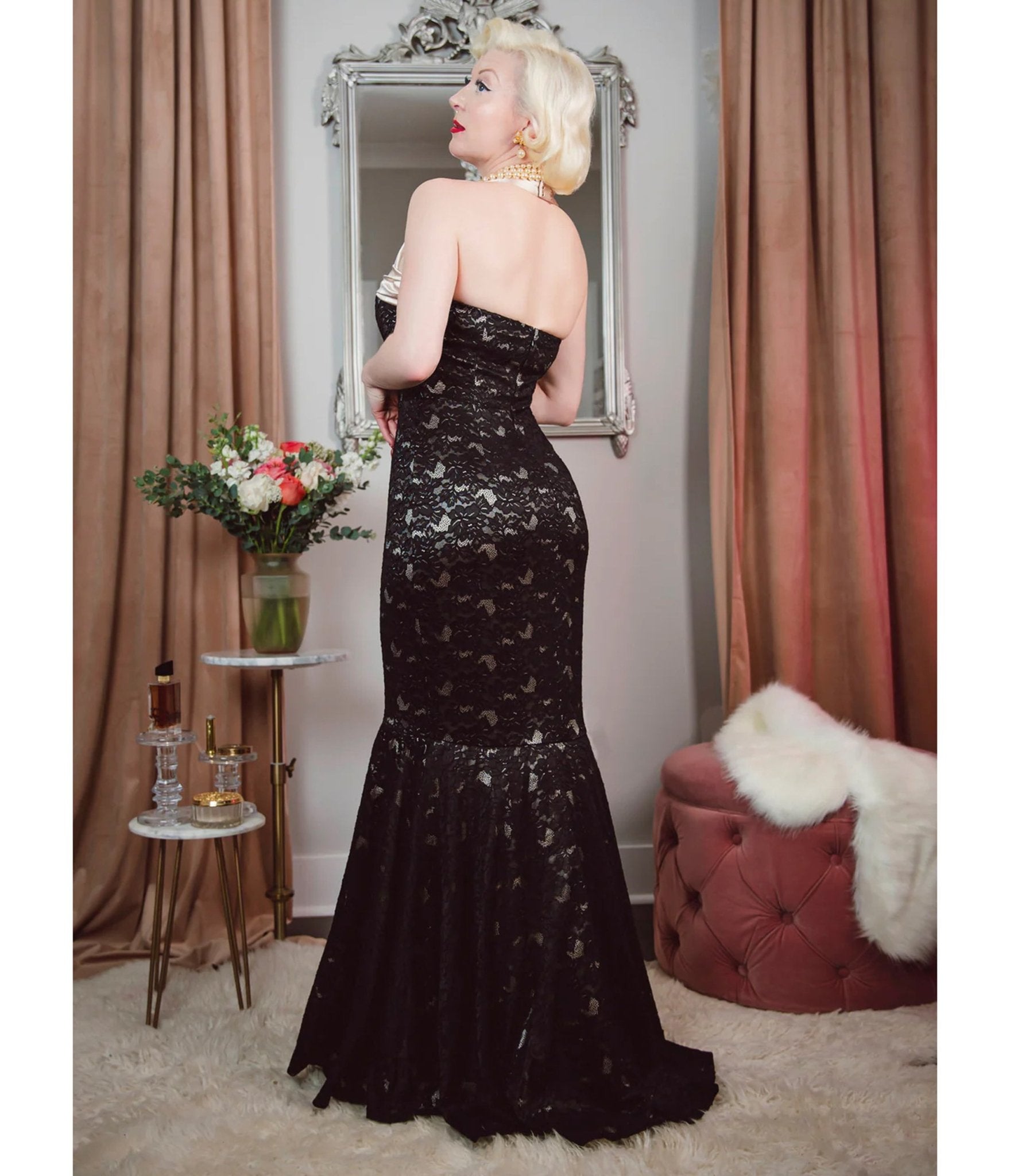 Elle Rebel Black Lace & Satin Mermaid Evening Gown - Unique Vintage - Womens, DRESSES, PROM AND SPECIAL OCCASION