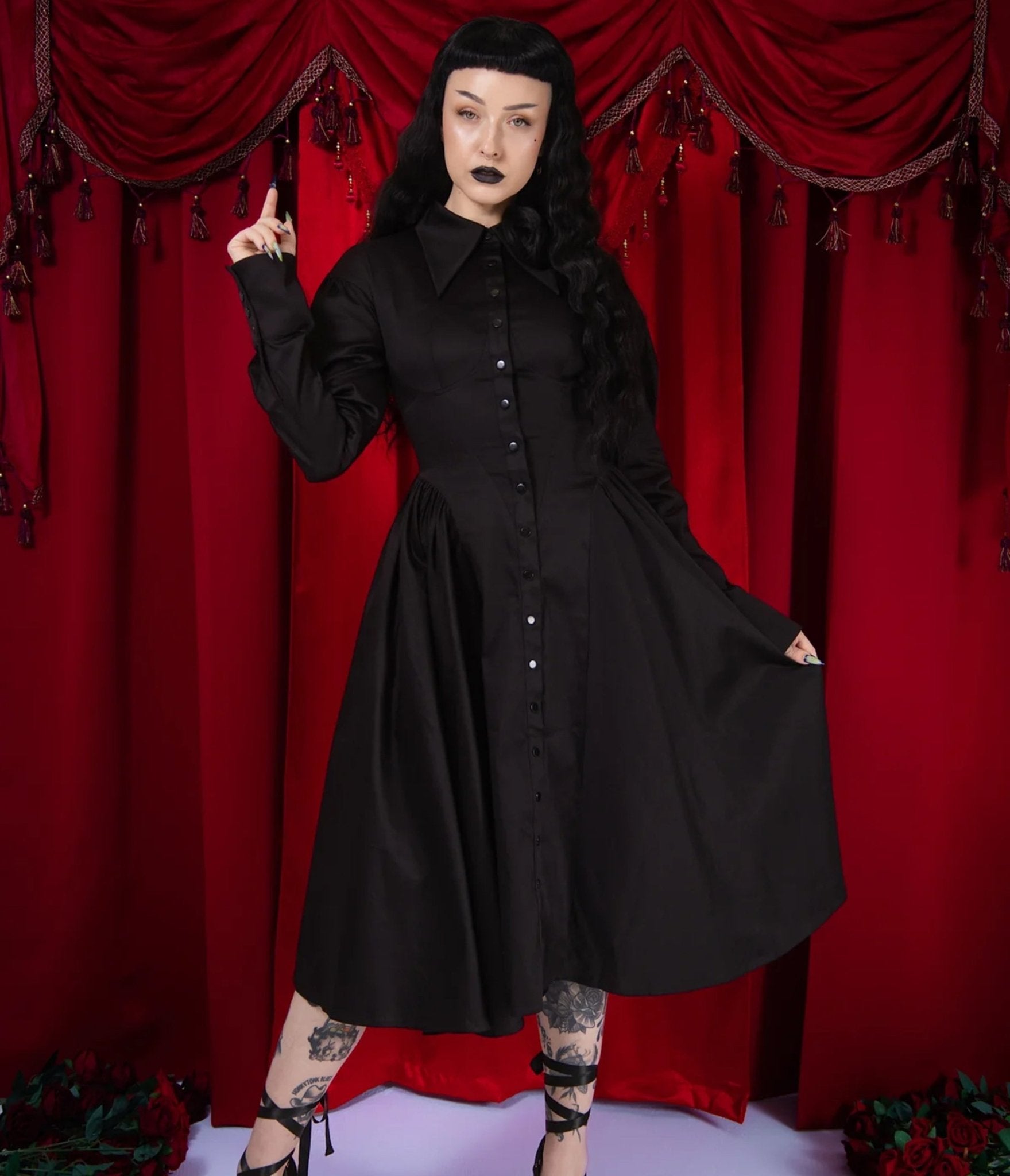 Elle Rebel Black Marquise Revolution Shirt Dress - Unique Vintage - Womens, DRESSES, MIDI