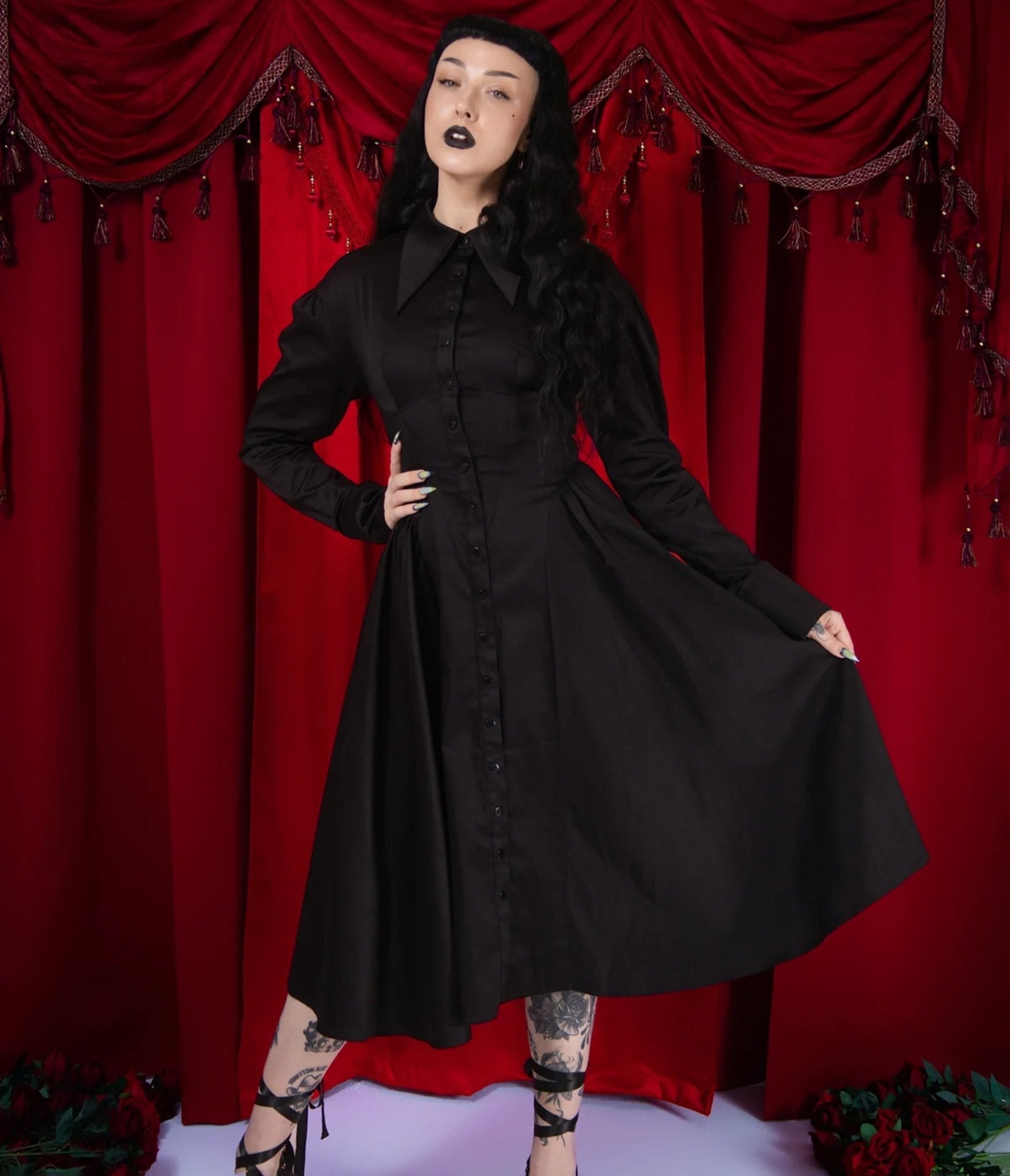 Elle Rebel Black Marquise Revolution Shirt Dress - Unique Vintage - Womens, DRESSES, MIDI