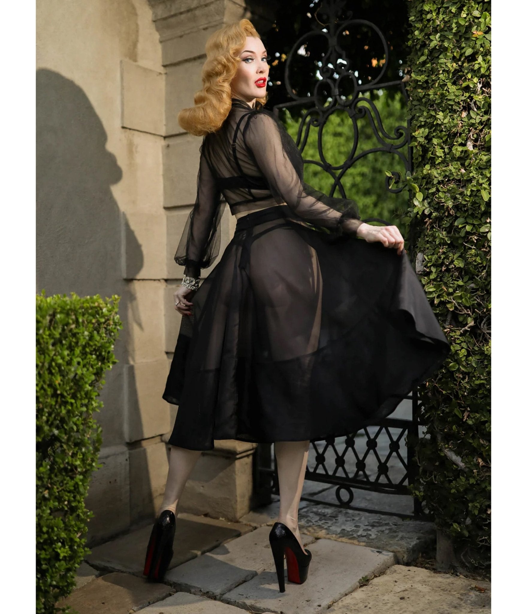 Elle Rebel Black Sheer Gibson Girl Swing Skirt - Unique Vintage - Womens, BOTTOMS, SKIRTS