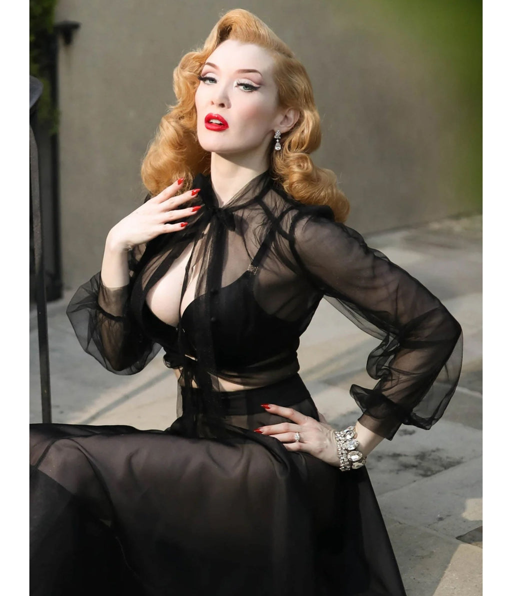 Elle Rebel Black Sheer Gibson Girl Swing Skirt - Unique Vintage - Womens, BOTTOMS, SKIRTS