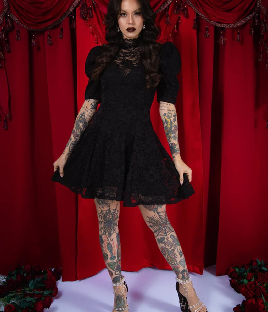 Elle Rebel Black Sheer Lace Mademoiselle Mini Dress - Unique Vintage - Womens, DRESSES, MAXI
